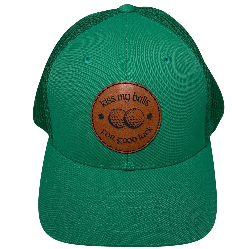 Golf Trucker Hat L-XL Cap Mesh Back Flexfit Green Kiss My Balls Good Luck Humor